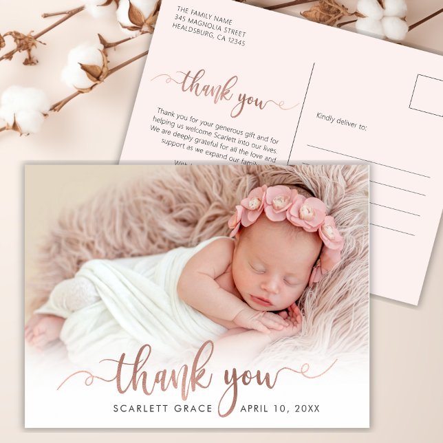 Chic Rose Gold Script Newborn Baby Photo Tack Vykort (Skapare uppladdad)