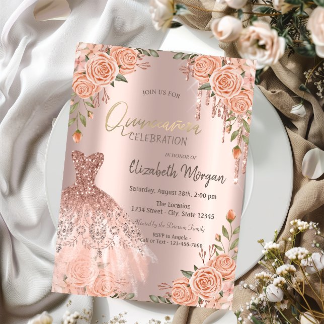 Chic Rosor Glitter Drips Klänning Quinceañera Inbjudningar (Skapare uppladdad)