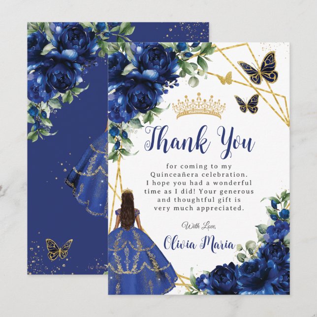 Chic Royal Blåa blommor Blommigt Quinceañera Tack Kort (Fram/baksida)