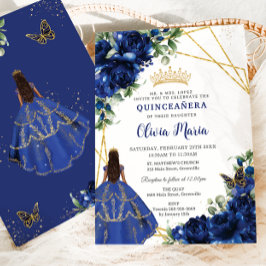 Chic Royal Blåa blommor Brown Princess Quinceañera Inbjudningar