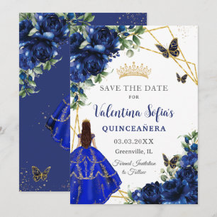 Chic Royal Blåa blommor Princess Guld Quinceañera Spara Datumet