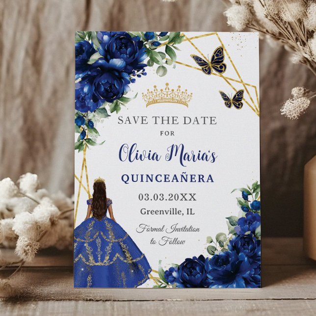 Chic Royal Blåa blommor Princess Quinceañera Spara Datumet (Skapare uppladdad)