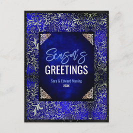 Chic royal blått blommigt glitter jul nytt år vykort