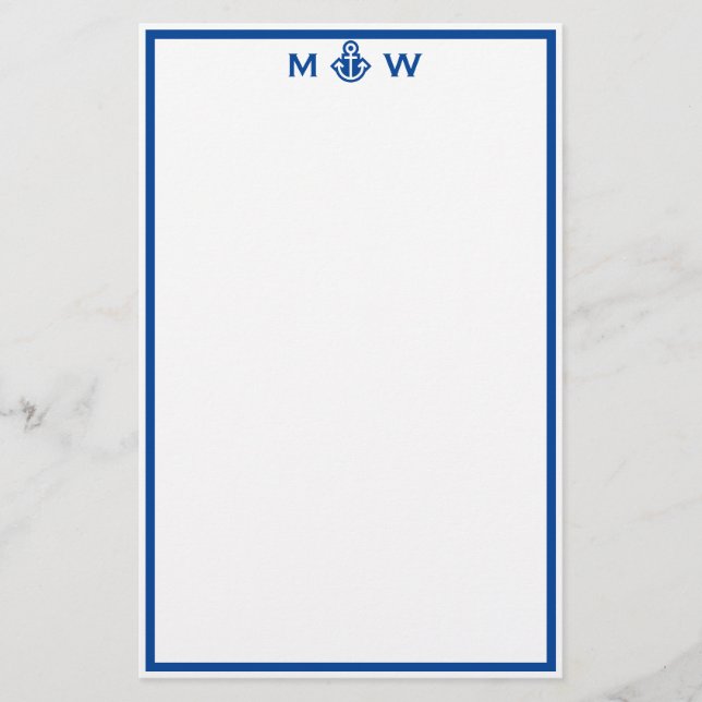 Chic Royal Blue Anchor Monogram Stationery Brevpapper (Framsida)
