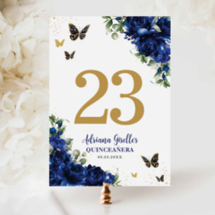 Chic Royal Blue Blommig Guld Quinceañera Sweet 16 Bordsnummer