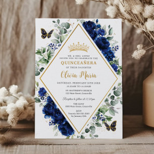 Chic Royal Blue Blommigt Butterflies Quinceañera Inbjudningar