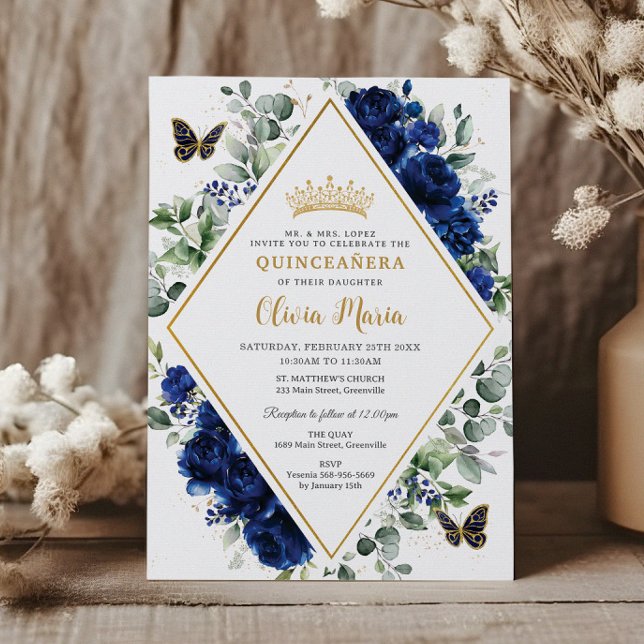 Chic Royal Blue Blommigt Butterflies Quinceañera Inbjudningar (Skapare uppladdad)