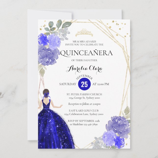 Chic Royal Blue Blommigt Geometric Quinceañera Inbjudningar (Framsida)