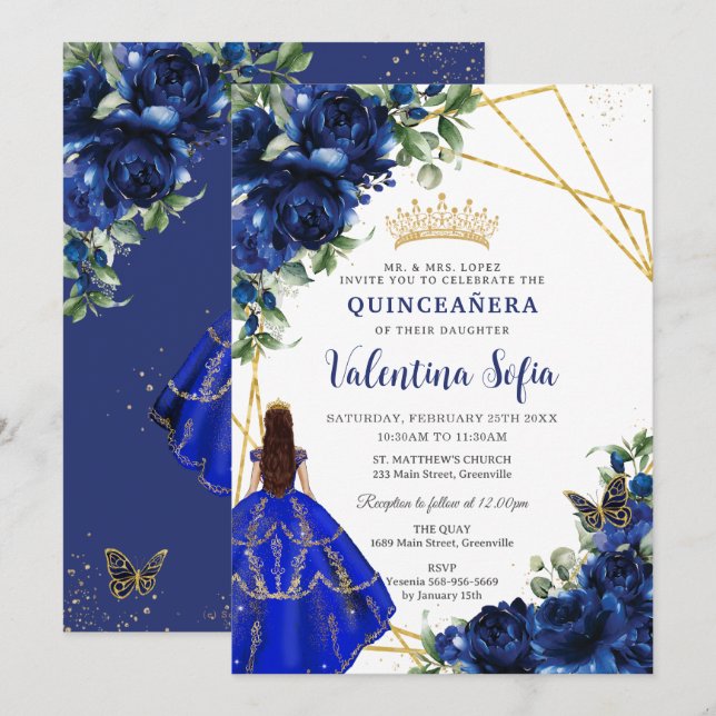 Chic Royal Blue Blommigt Princess Guld Quinceañera Inbjudningar (Fram/baksida)