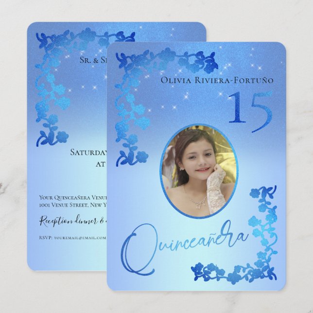 Chic Royal Blue Glitter Blommigt Photo Quinceanera Inbjudningar (Fram/baksida)