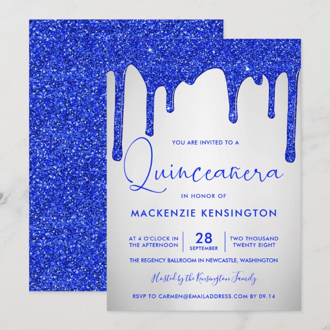 Chic Royal Blue Glitter Drips Silver Quinceañera Inbjudningar (Fram/baksida)