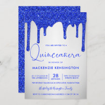Chic Royal Blue Glitter Drips Silver Quinceañera