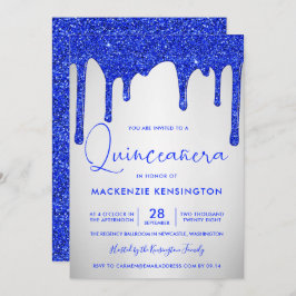 Chic Royal Blue Glitter Drips Silver Quinceañera Inbjudningar