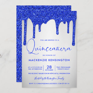Chic Royal Blue Glitter Drips Silver Quinceañera Inbjudningar