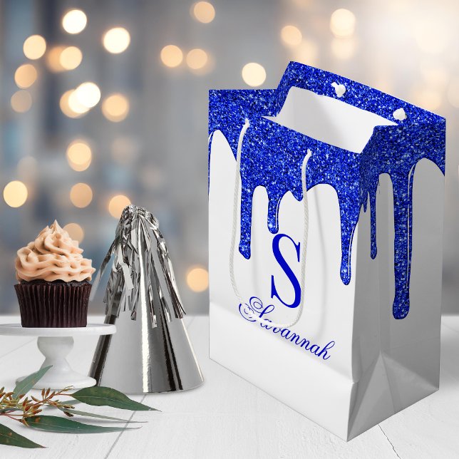Chic Royal Blue Glitter Drives Gnistra Monogram (Chic Royal Blue Glitter Drips Sparkle Monogram Medium Gift Bag)