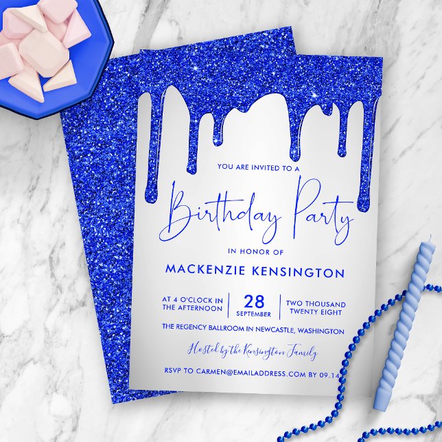 Chic Royal Blue Glitter Drives Silver Birthday Inbjudningar (Skapare uppladdad)