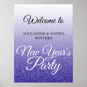Chic Royal Blue Glitter New Years Party Välkommen Poster