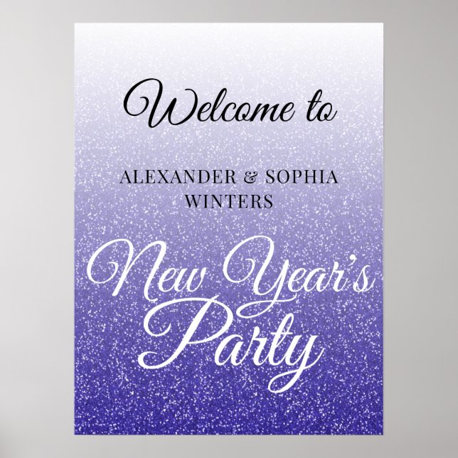 Chic Royal Blue Glitter New Years Party Välkommen Poster (Framsidan)