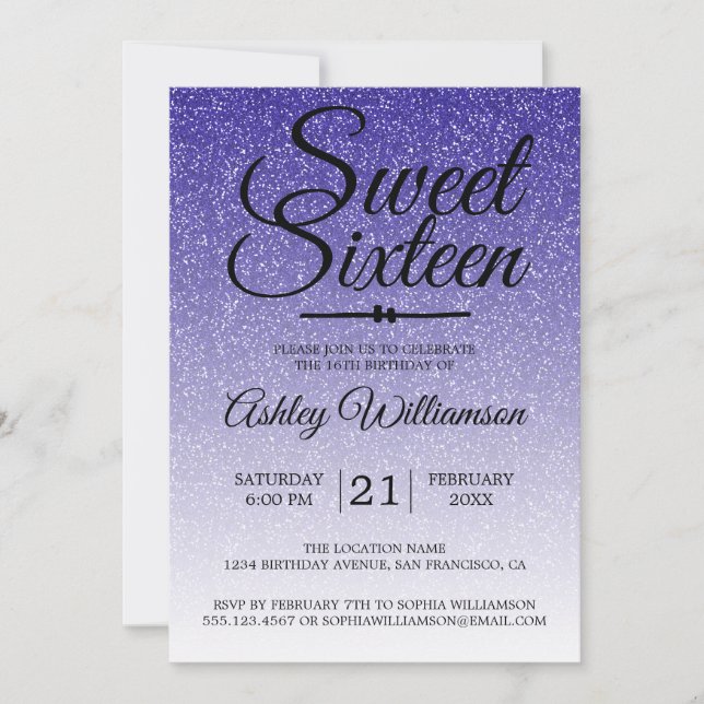 Chic Royal Blue Glitter Ombre Sweet 16 Birthday Inbjudningar (Framsida)
