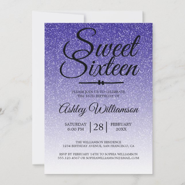 Chic Royal Blue Glitter Ombre Sweet 16 födelsedaga Inbjudningar (Framsida)