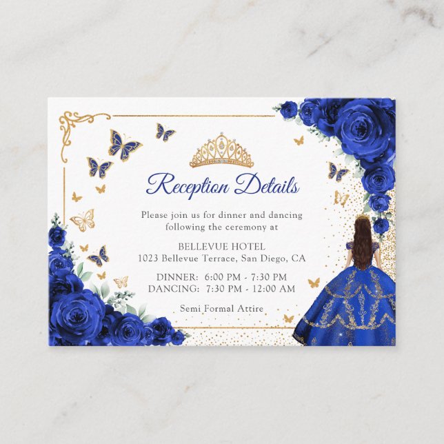 Chic Royal Blue Gold Quincenarea Reception Details Tilläggskort (Framsida)