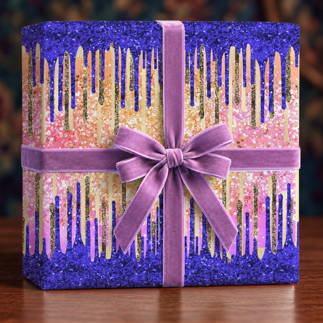 Chic Royal Blue Guld Glitter Drips Födelsedag Presentpapper (Skapare uppladdad)