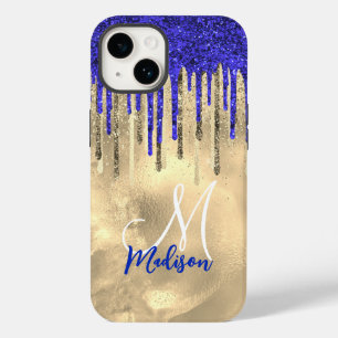 Chic royal blue guld glitter droppar monogram
