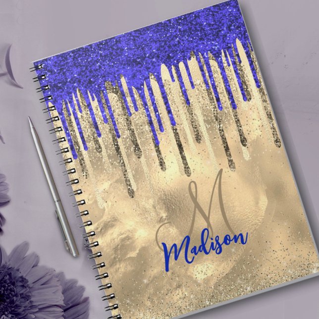 Chic royal blue guld glitter droppar monogram anteckningsbok (Skapare uppladdad)
