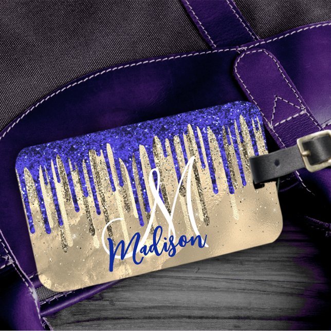 Chic royal blue guld glitter droppar monogram bagagebricka (Skapare uppladdad)