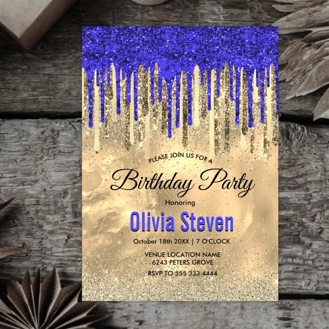 Chic royal blue guld glitter droppar monogram inbjudningar (Skapare uppladdad)