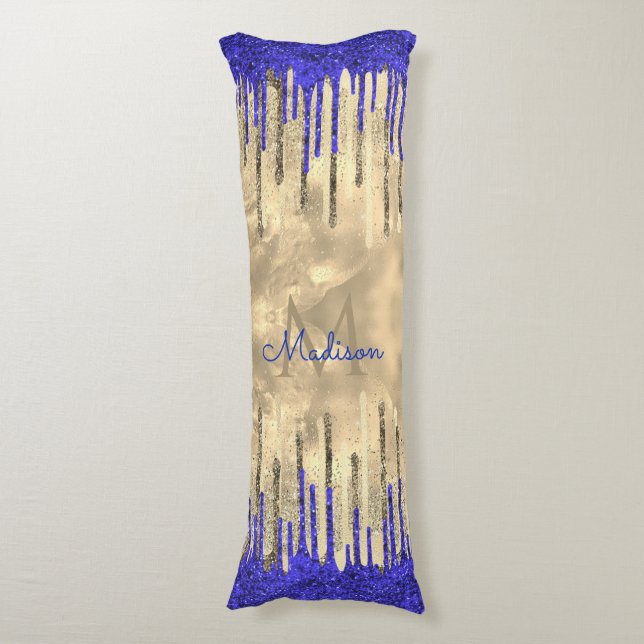 Chic royal blue guld glitter droppar monogram kroppskudde (Framsidan Vertikal)