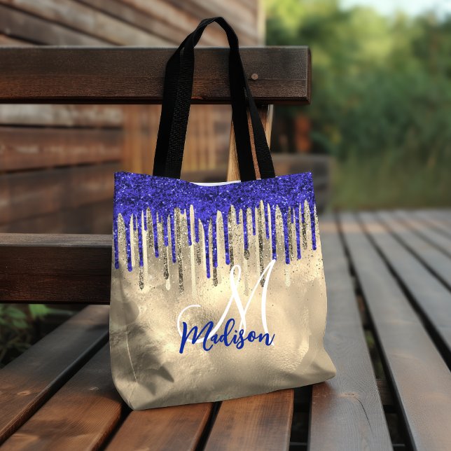 Chic royal blue guld glitter droppar monogram tygkasse (Skapare uppladdad)