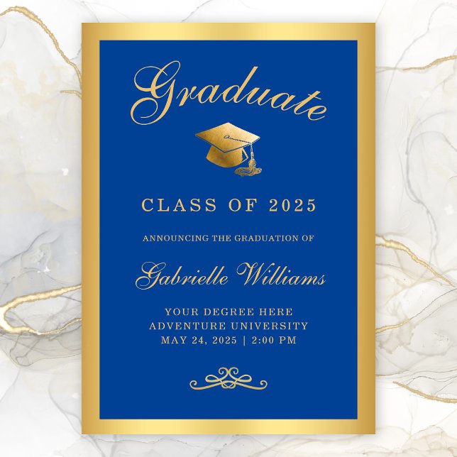 Chic Royal Blue Guld Ram Script Studenten Meddelande (Chic Royal Blue Gold Border Typography Graduation Announcement)