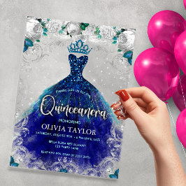 Chic royal blue teal dress blommigt Quinceanera