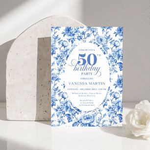 Chic Royal Blue Toile de Jouy 50-årsfirande Inbjud Inbjudningar
