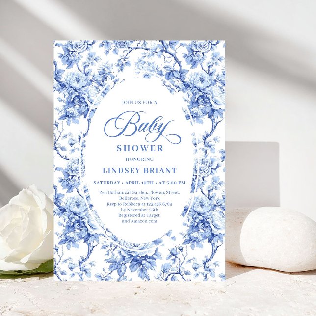 Chic Royal Blue Toile de Jouy Baby Shower Invite Inbjudningar (Chic Royal Blue Toile de Jouy Baby Shower Invite)