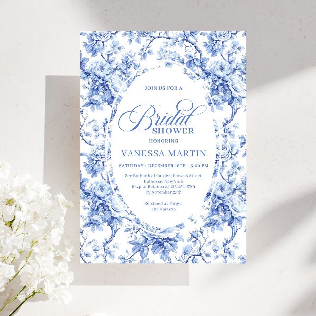 Chic Royal Blue Toile de Jouy Bröllopsfestinbjudan Inbjudningar (Chic Royal Blue Toile de Jouy Bridal Shower Invite)