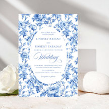Chic Royal Blue Toile de Jouy Romantisk Bröllop