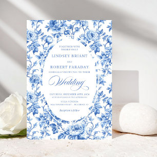 Chic Royal Blue Toile de Jouy Romantisk Bröllop Inbjudningar
