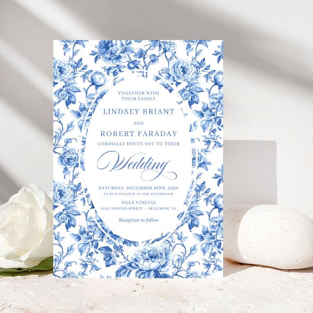Chic Royal Blue Toile de Jouy Romantisk Bröllop  Inbjudningar (Chic Royal Blue Toile de Jouy Romantic Wedding Invitation)