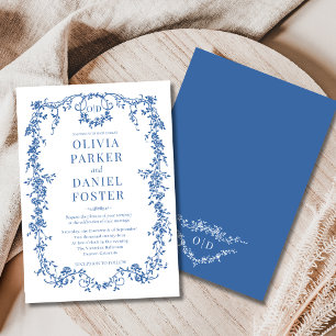 Chic Royal Blue Victorian Fransk Bröllop Monogram Inbjudningar
