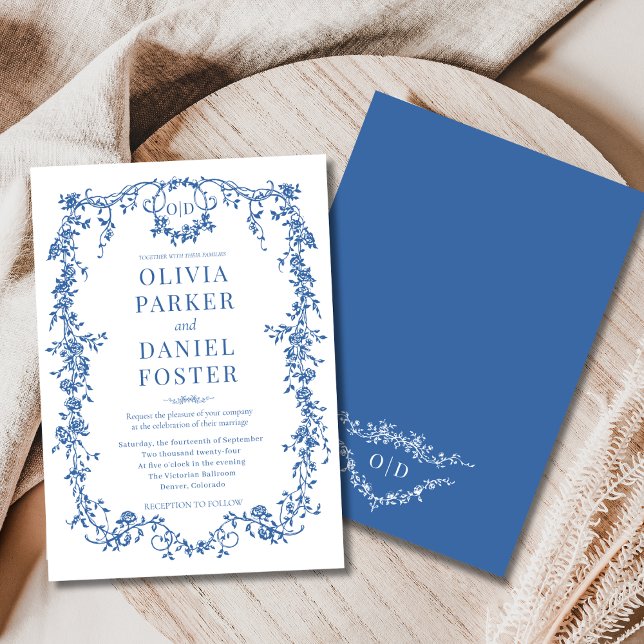 Chic Royal Blue Victorian Fransk Bröllop Monogram Inbjudningar (Skapare uppladdad)