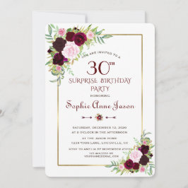 Chic Royal Burgundy Marsala Blommigt 30års födelse Inbjudningar