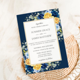 Chic Royal Dusty Navy Blue Gult Blommigt Bröllop Inbjudningar