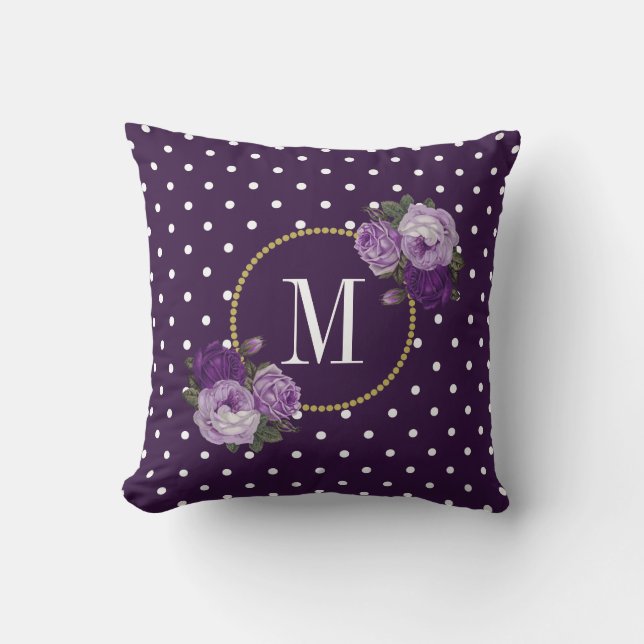 Chic Royal Lila Vintage Flowers Dots Monogram Kudde (Framsida)