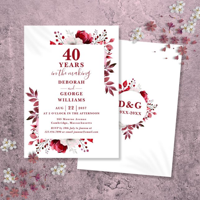 Chic Ruby 40:e Bröllop-årsdagen Blommigt Inbjudningar (Chic Ruby 40th Wedding Anniversary Floral Invitation)