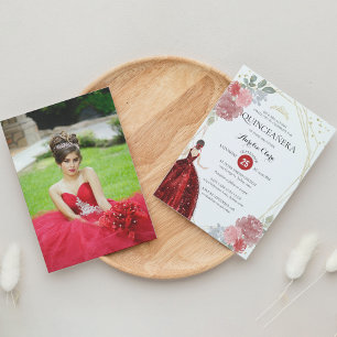 Chic Ruby Red Blommigt Geometric Photo Quinceañera Inbjudningar