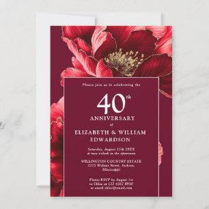 Chic Ruby Red Elegant Blommigt 40-årsjubileum Inbjudningar