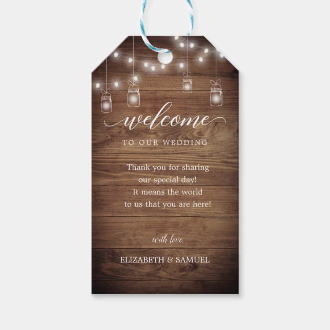 Chic Rustic Barn Wood Bröllop Calligraphy Welcome Presentetikett (Framsidan)