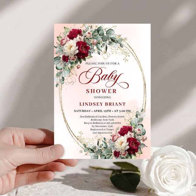 Chic Rustic Burgundy Peony Gold Baby Shower Invite Inbjudningar (Chic Rustic Burgundy Peony Gold Baby Shower Invite)